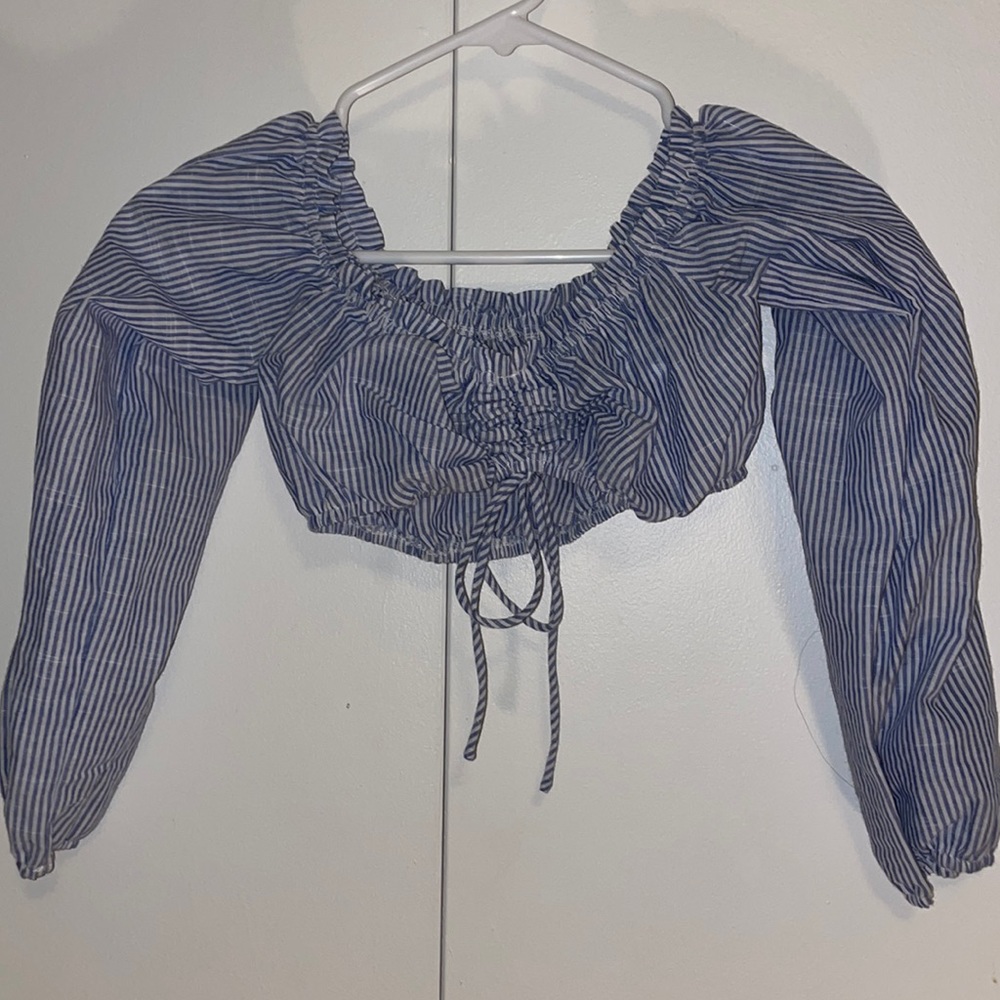 Cropped striped sinch tie long sleeve shirt